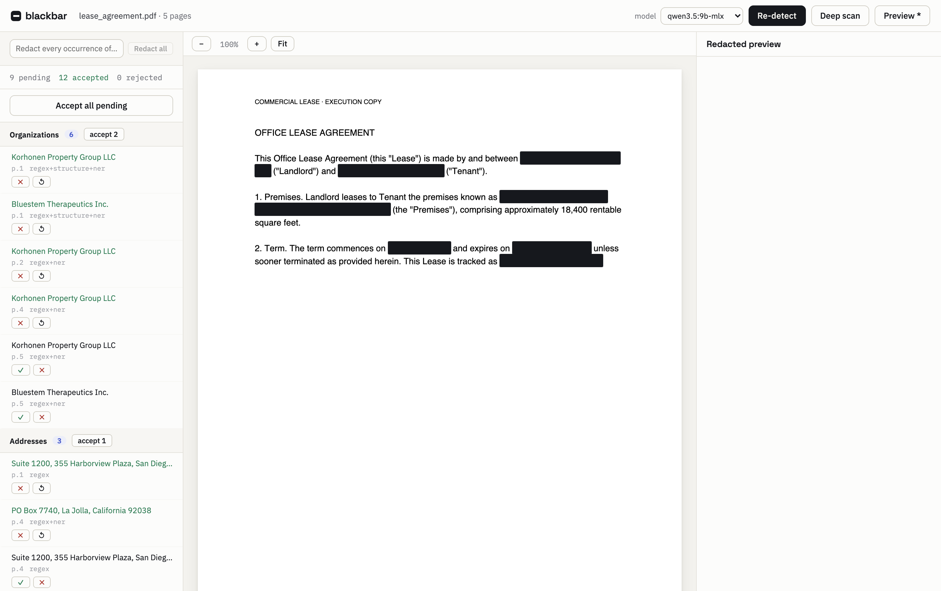 Blackbar review workspace: proposals grouped by category on the left, the document with live black redaction bars in the middle, and the server-rendered redacted preview on the right.