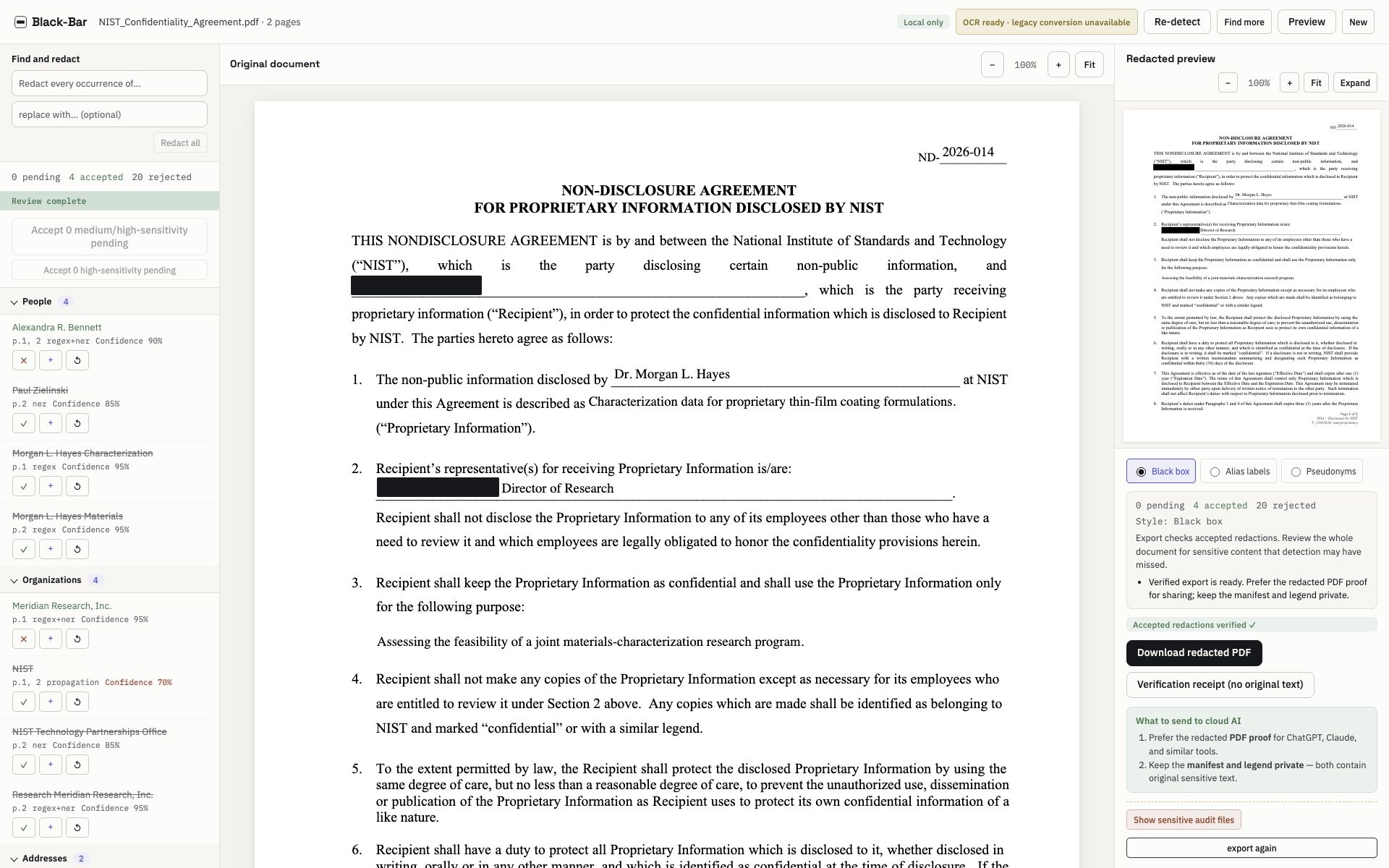 Current Black-Bar review app displaying the full NIST nondisclosure agreement, reviewed detections, and the redacted PDF preview